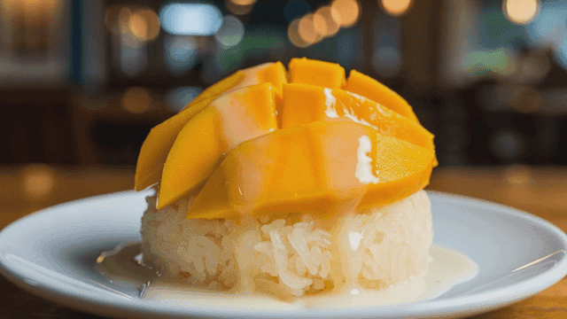 Mango sticky rice on a white plate