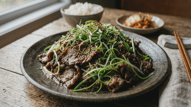 Plate with bulgogi, rice, and kimchi.