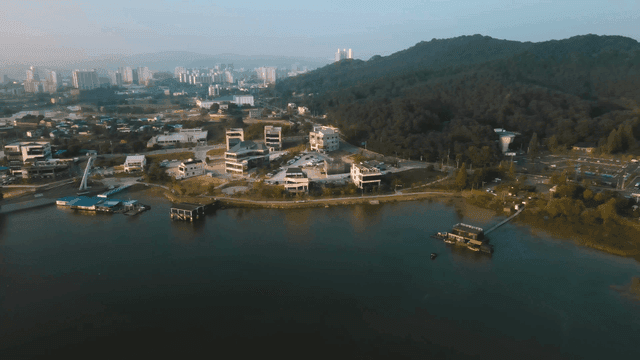 Cityscape with buildings and lake