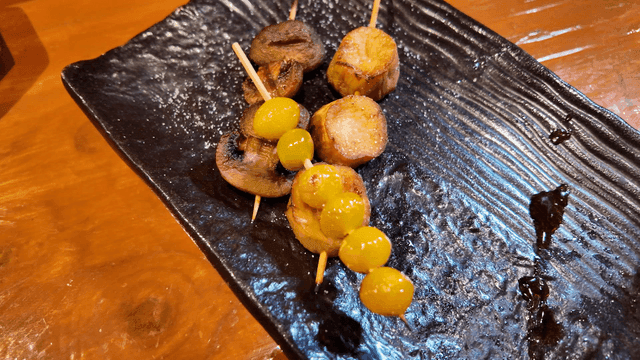 Grilled skewers with mushrooms and ginkgo nuts