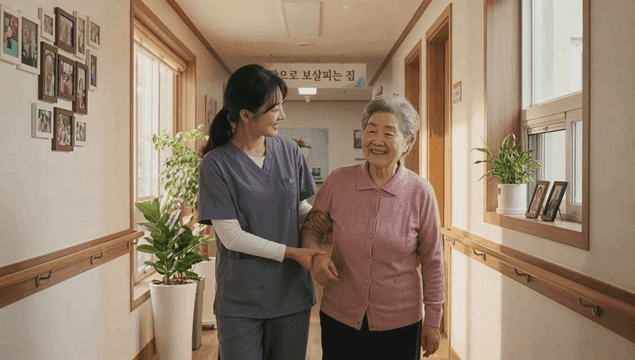 Nurse supporting elderly woman at nursing home