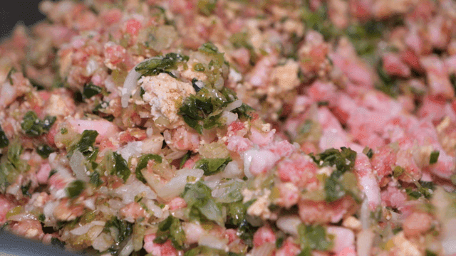 Hands mixing dumpling filling