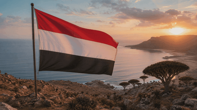 Yemeni flag fluttering on coastal cliffs at sunset