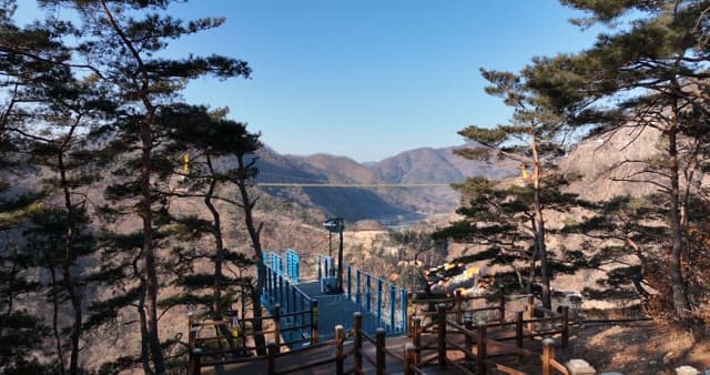 산의 협곡을 가로지르는 출렁다리의 경치