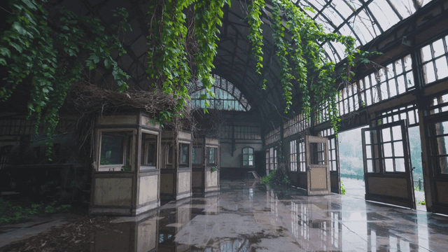 식물이 자란 버려진 기차역