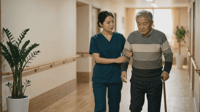 Nurse assisting elderly man in hallway