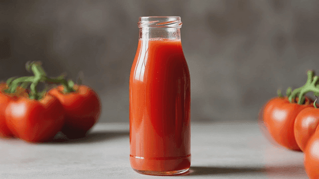 Fresh tomatoes and tomato juice bottles