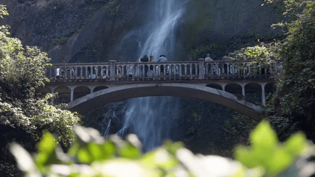 폭포를 배경으로 한 다리 위의 사람들