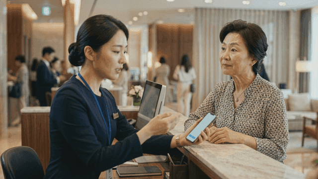 Hotel employee helping elderly customer