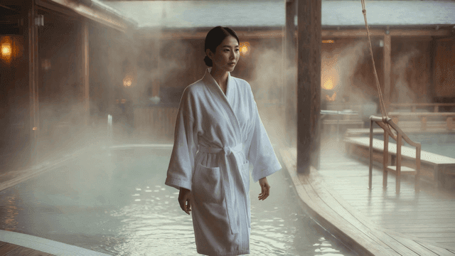 Woman in robe next to steaming indoor hot spring