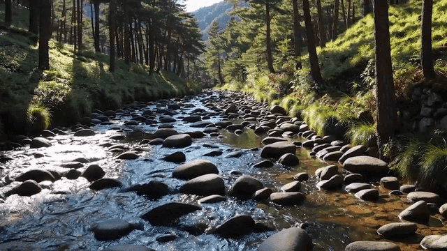 햇살이 비치는 고요한 숲 속 개울