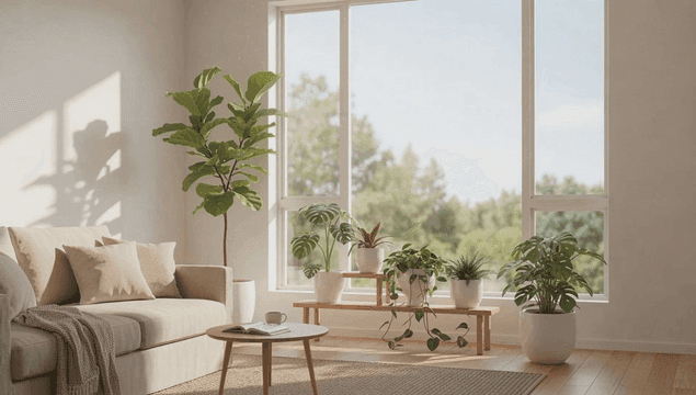 실내 식물이 있는 아늑한 거실