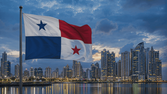 Panama City skyline with national flag