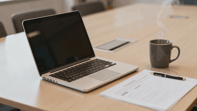 회의 테이블 위의 노트북과 커피