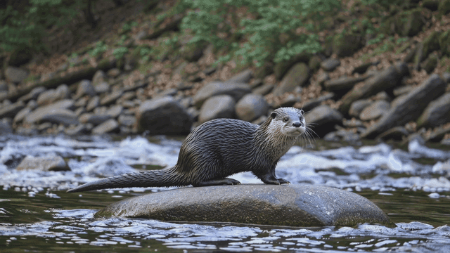 Otter standing on rock by stream