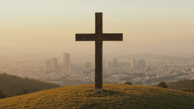 Cross on hill overlooking city