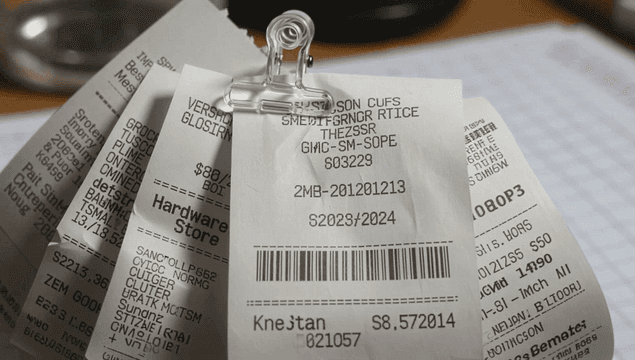 책상 위에 클립으로 묶인 영수증 더미