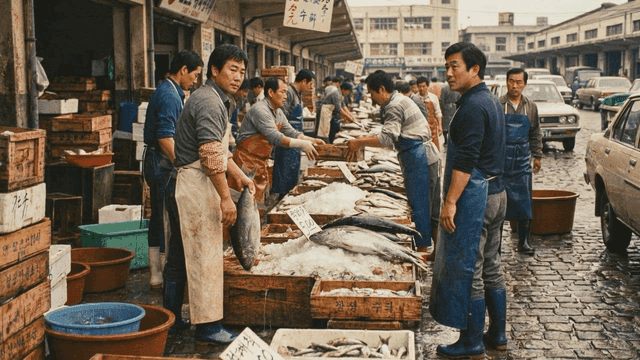 70s merchants dealing with fish at fish market