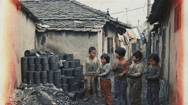 Children playing with briquettes in alley in 70s