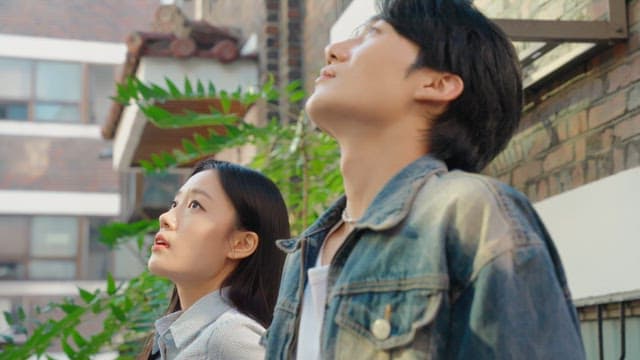 골목에 앉아 위를 바라보는 커플