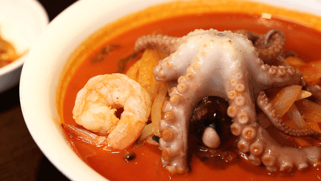 Spicy seafood Jjamppong with octopus and shrimp