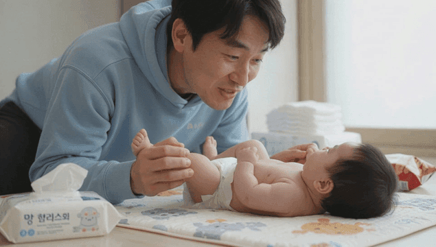 아기와 매트에서 놀고 있는 아빠