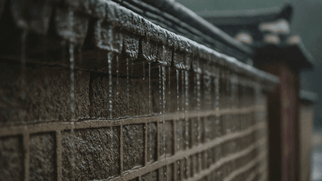 Rainwater dripping from a traditional roof