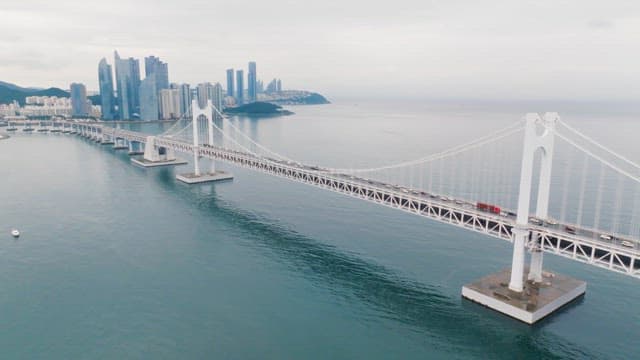 번화한 도시를 연결하는 긴 다리