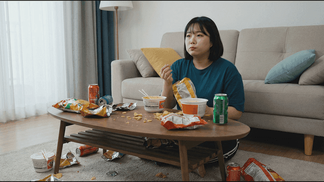 Woman eating snacks in cozy living room