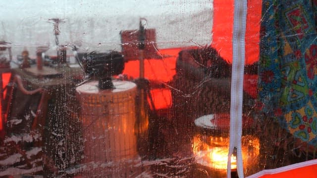 Inside a cozy tent on a rainy day