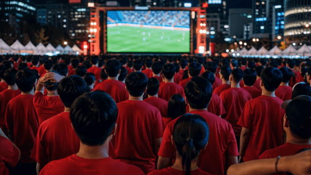 Crowd watching a soccer match on a large screen