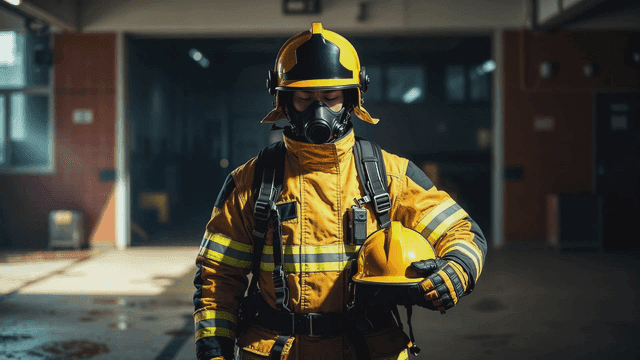 Firefighter in full gear holding helmet