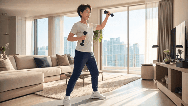Middle-aged woman exercising with dumbbells in bright living room