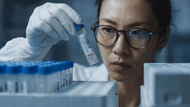 Female scientist inspecting sample tube in laboratory