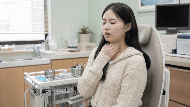Female patient holding her neck in examination room