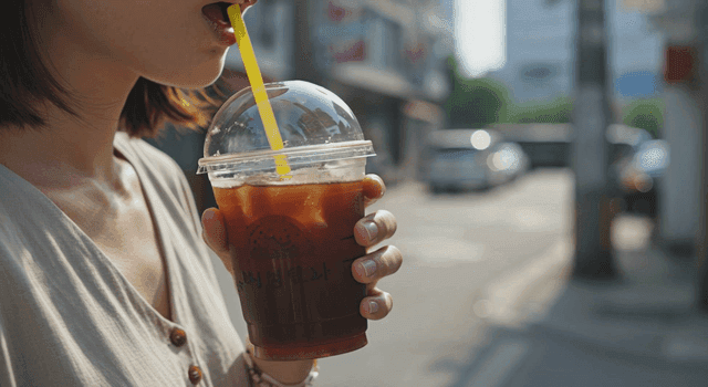 햇살 가득한 거리에서 아이스커피를 마시는 여성