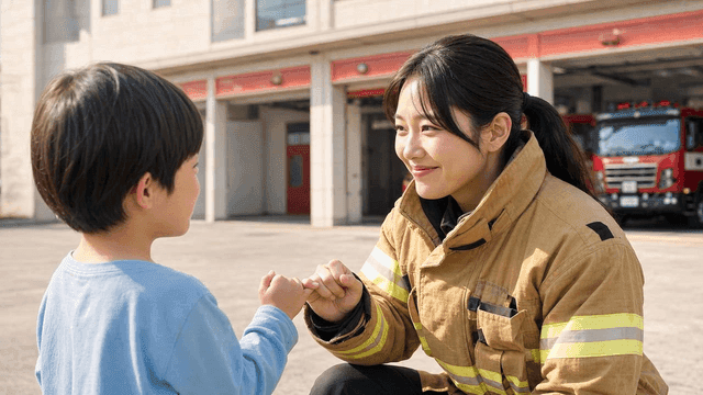 Warm finger promise between firefighter and child
