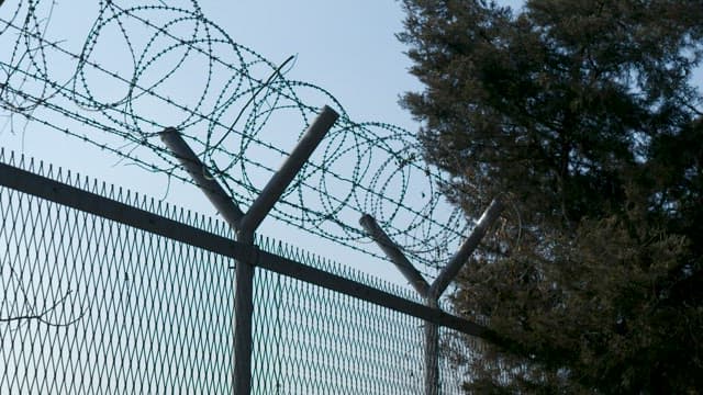 울타리 위에 감긴 날카로운 철조망