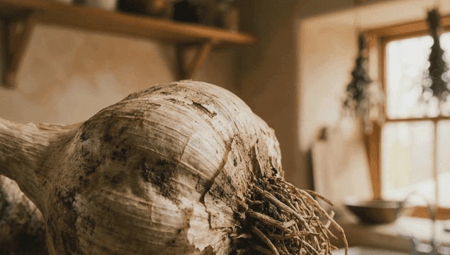 소박한 주방에 있는 마늘