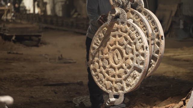 Worker handling heavy metal covers