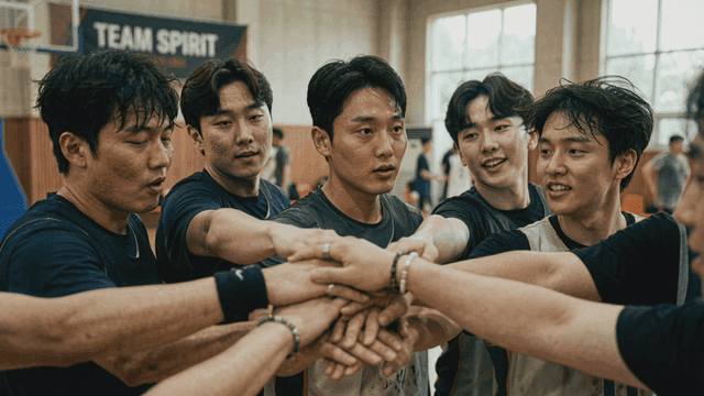 Basketball team cheering with hands together in gym