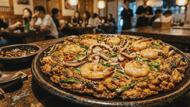 Korean seafood pancake in a bustling restaurant
