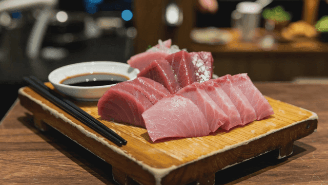 Slices of fresh tuna sashimi on a wooden board