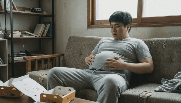 Fat man sitting on sofa with empty chicken box