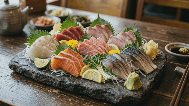 Plate topped with various types of sashimi