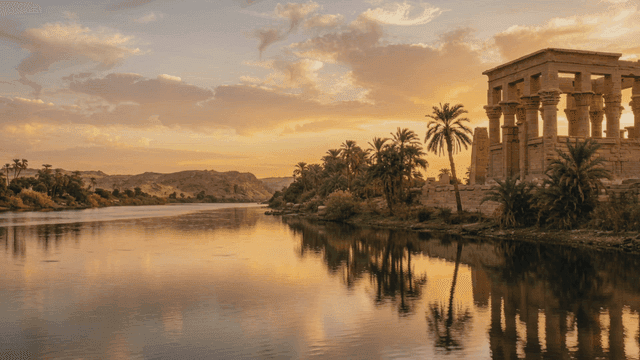 Ancient Egyptian temple by river at sunset