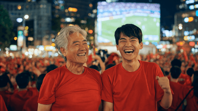 Elderly person and young man celebrating at sports event