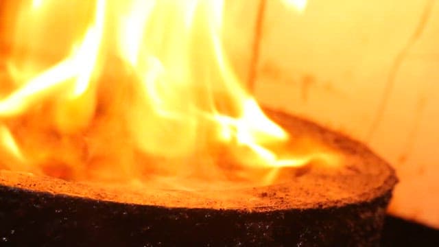 숯불 위 그릴에서 굽는 소 힘줄과 버섯