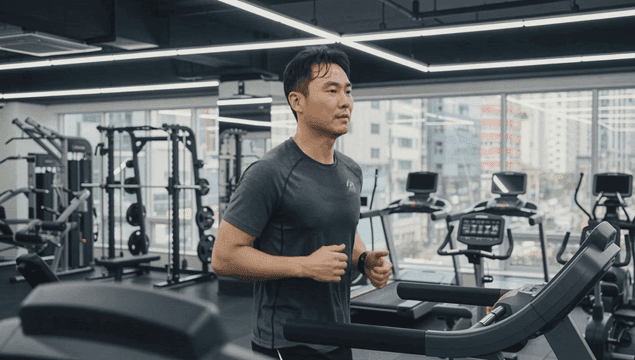 헬스장에서 러닝머신을 뛰는 남자