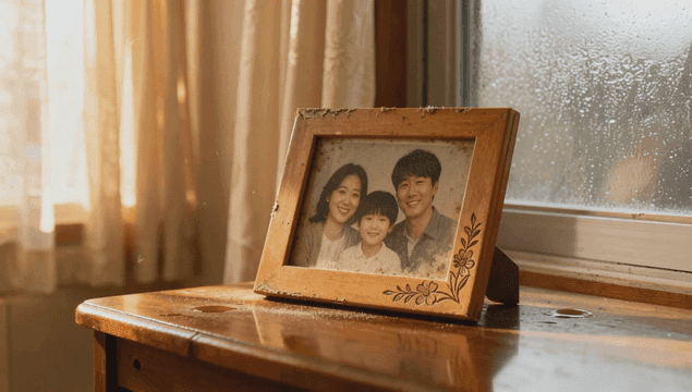 나무 테이블 위 오래된 가족 사진